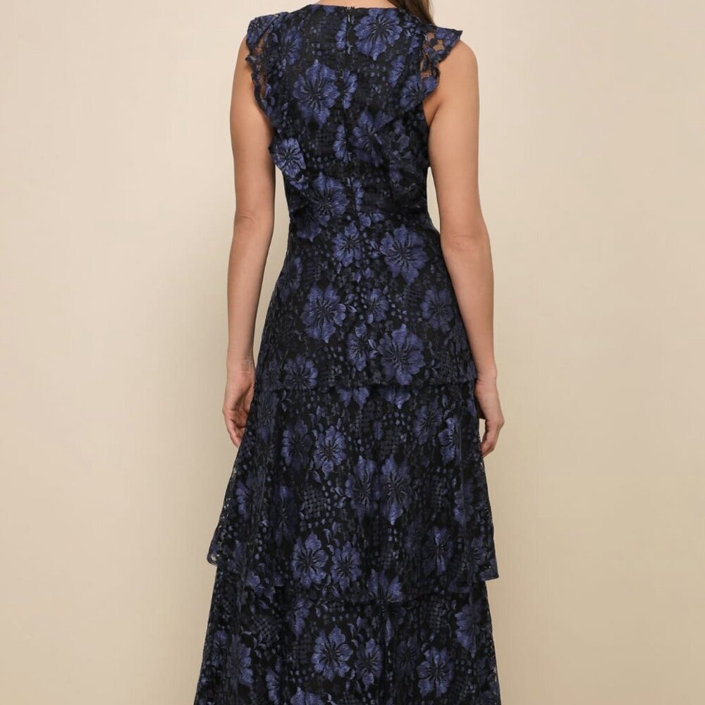 NWT Lulus Molinetto Navy Blue Lace Ruffled Tiered Sleeveless Maxi Dress - Picture 4 of 8
